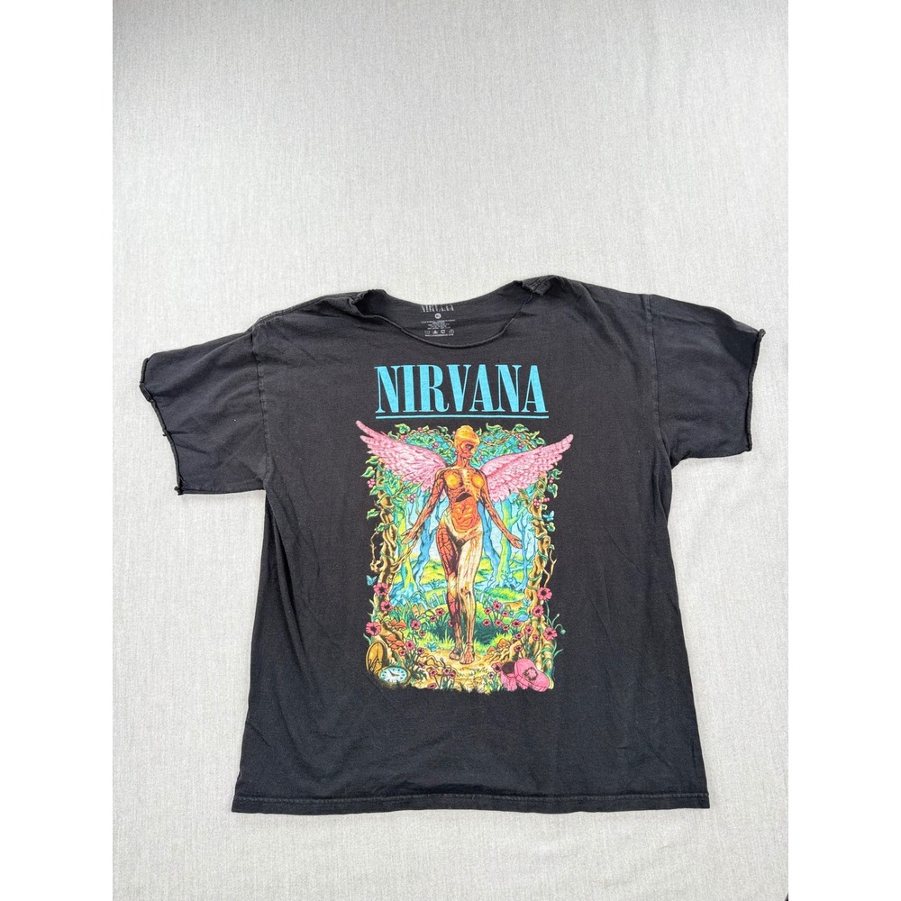 Nirvana In Utero Angel Graphic T-Shirt Black XL Distressed Raw Cut Grunge Tee